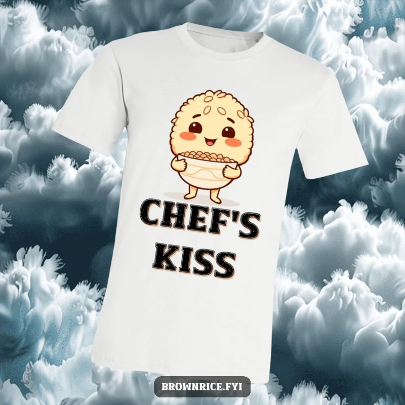 Funny Brown Rice T-Shirt featuring a proud brown rice character holding an empty bowl, showcasing culinary satisfaction and achievement.