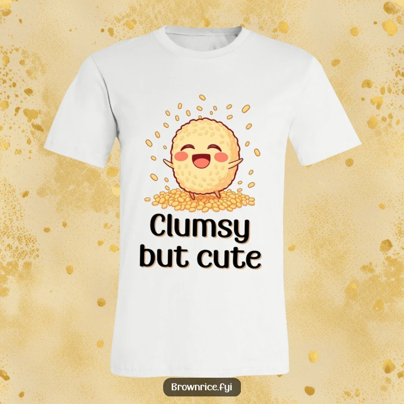 Funny T-Shirt showing a laughing brown rice character tripping and scattering its grains in a humorous explosion.