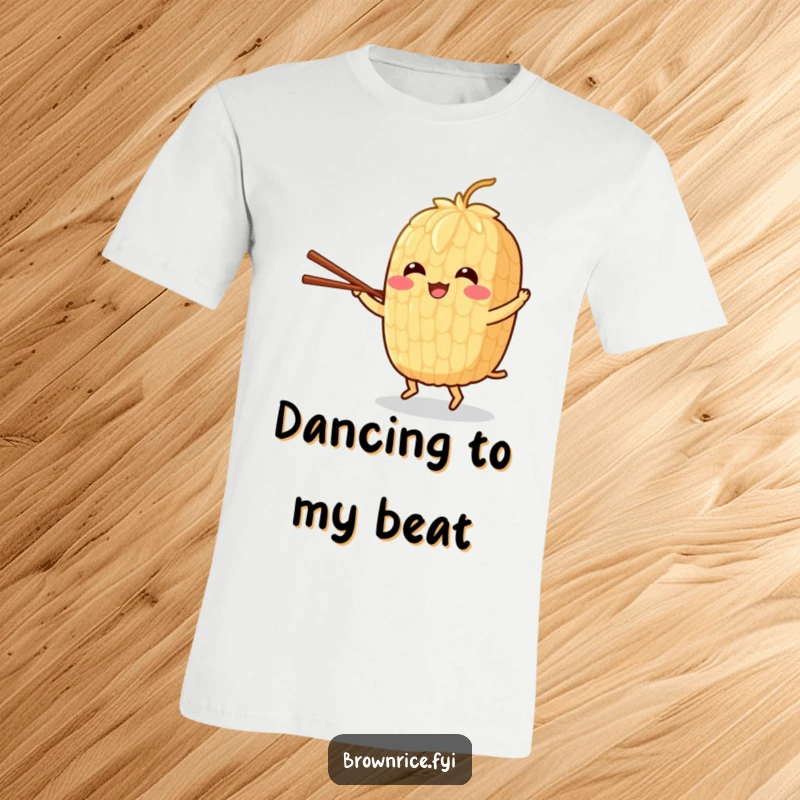 Funny t-shirt displaying a cheerful brown rice grain character in a dynamic dance pose with chopsticks.