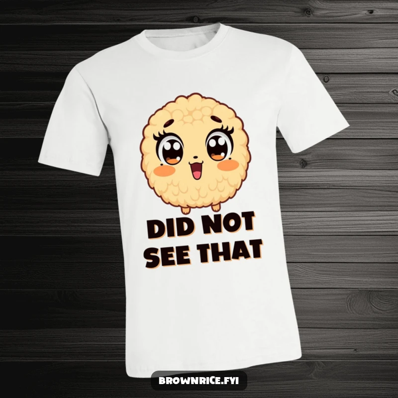 Funny t-shirt displaying a brown rice grain character with comically wide eyes, conveying a sense of shock and amazement.