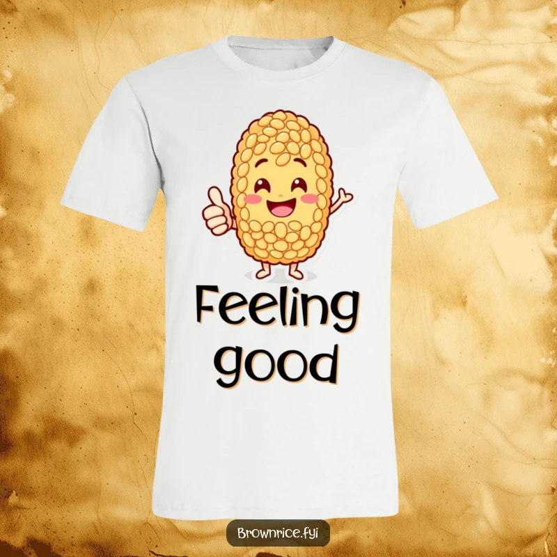 Funny jolly brown rice grain character giving a cheerful thumbs-up, radiating positivity and humor on a t-shirt.