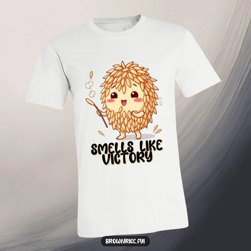 Funny t-shirt showcasing a brown rice grain character enveloped in a swirling cloud of delicious aroma, evoking culinary temptation.