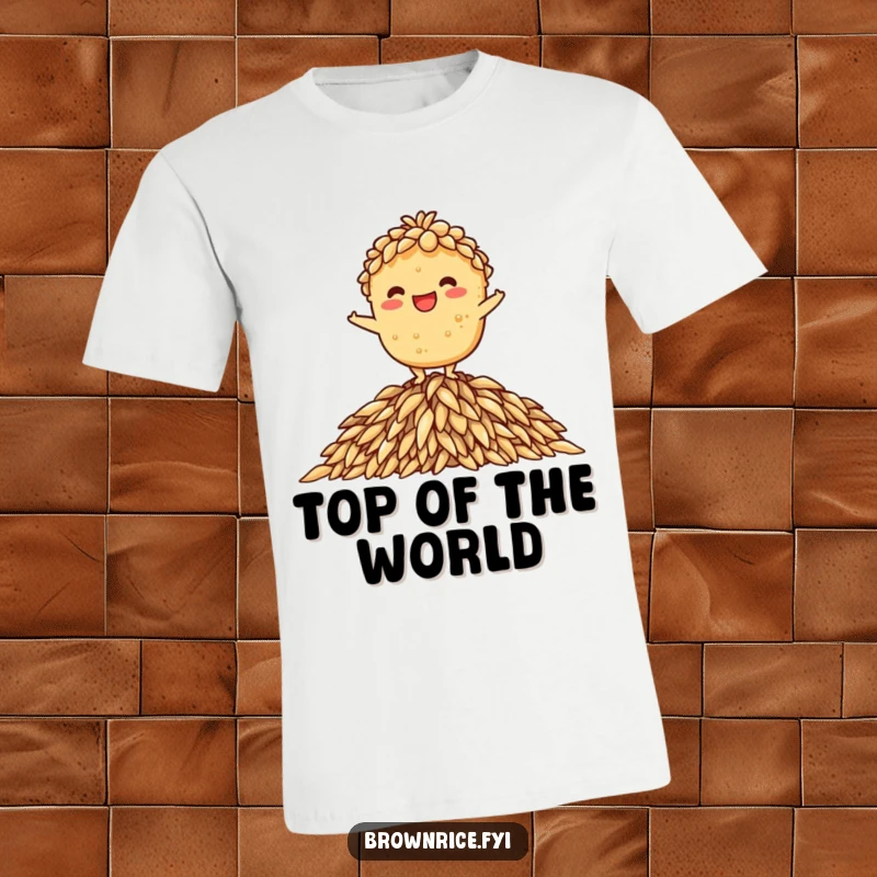 Funny t-shirt illustration of a brown rice character grinning while precariously balancing on a mound of rice, great funny gift.