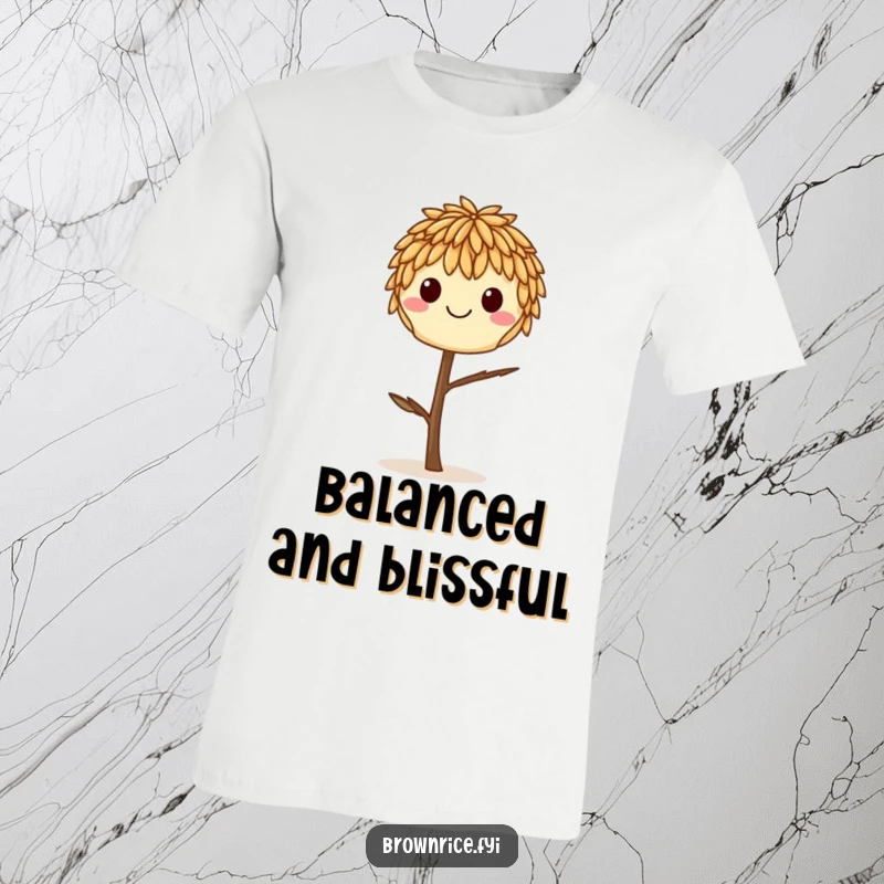 Funny smiling brown rice grain perfectly balanced on a tiny twig, printed on a soft graphic tee.