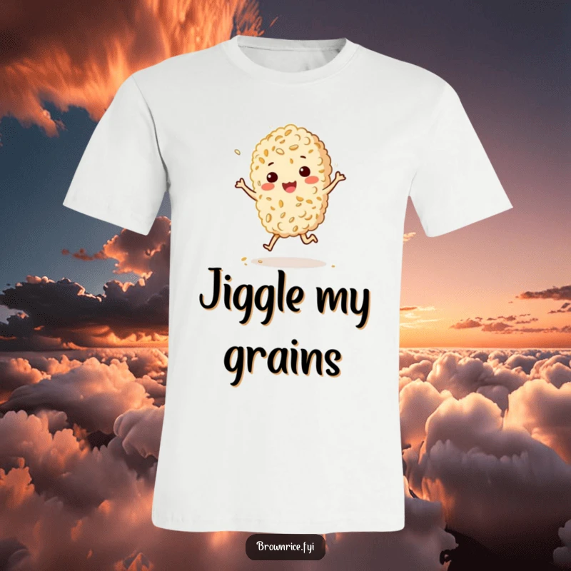 Funny t-shirt of a brown rice grain character doing a happy, bouncy jig with a sprinkle of sesame, capturing pure, unadulterated fun.