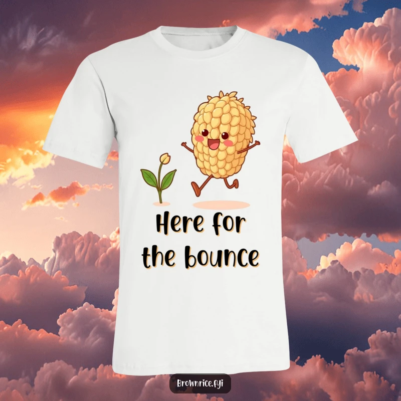 Funny t-shirt showcasing a brown rice grain character enthusiastically skipping with a sprout, embodying a cheerful and energetic vibe.