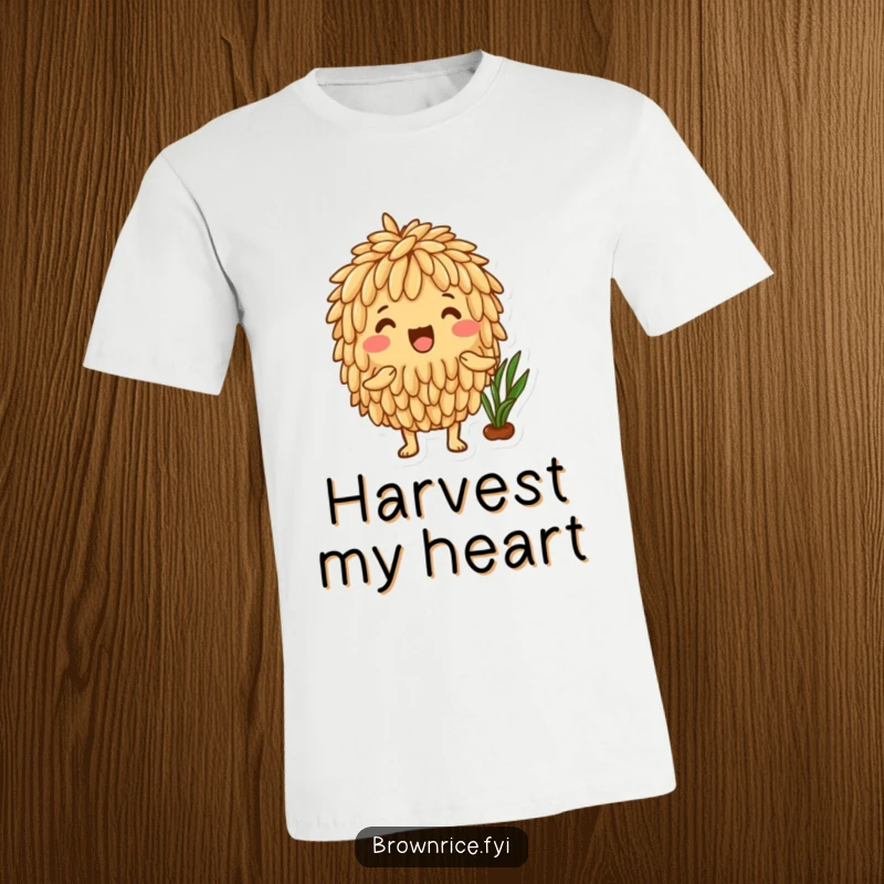 Funny Brown Rice T-Shirt showcasing an enthusiastic brown rice character beaming over a healthy harvest of fresh produce.