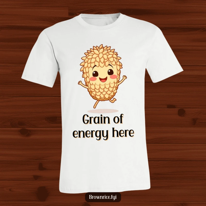 Funny t-shirt with a grinning brown rice grain character caught in a delightful hop, embodying energetic fun.