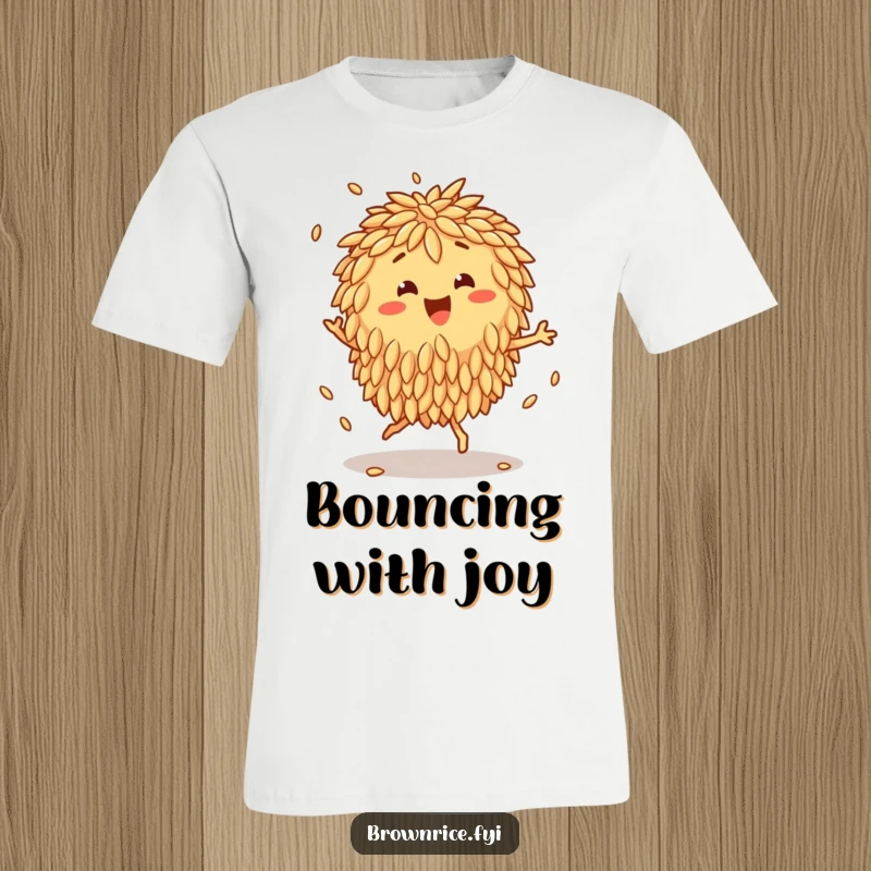 Funny T-Shirt featuring a happy brown rice cluster character dancing a joyful jig with its grains bouncing energetically.