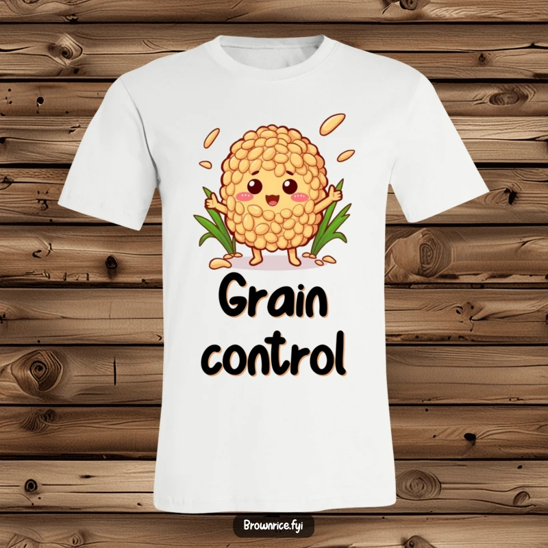Funny t-shirt showcasing a cheerful brown rice character expertly juggling different rice grains in a playful and energetic pose.