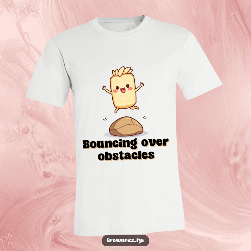 Funny t-shirt featuring a brown rice character joyfully leaping over a pebble, illustrating a moment of pure energetic fun.