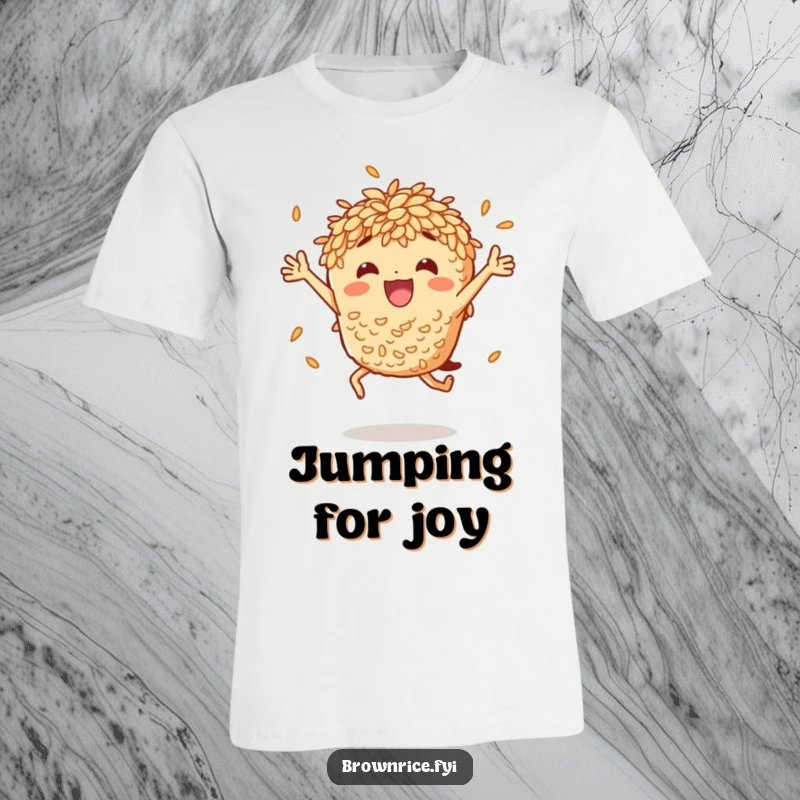 Funny anthropomorphic brown rice character captured mid-leap, celebrating with an ecstatic jump, ideal for a humorous t-shirt design.