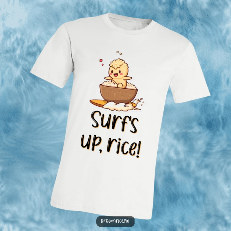 Funny t-shirt showing a brown rice character expertly riding a steaming bowl of rice like a surfboard, looking thrilled.