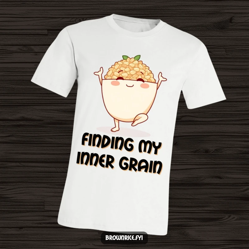 Funny t-shirt featuring a smiling brown rice bowl character performing an elegant yoga pose, blending fitness and fun.