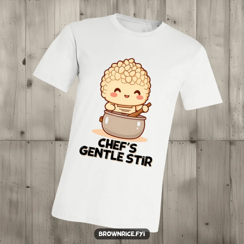 Funny T-Shirt: A brown rice character in a chef's apron happily stirring a pot, ready for culinary creation.