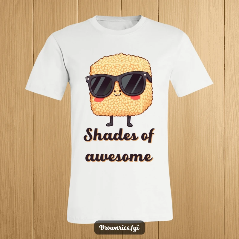 Funny brown rice block wearing oversized, dark sunglasses, looking undeniably cool on a graphic t-shirt.