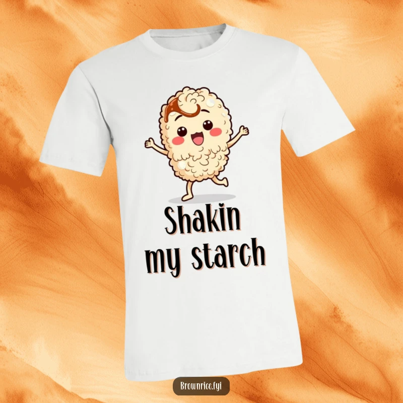 Funny brown rice character performing a silly dance next to a dash of soy sauce, on a funny t-shirt.
