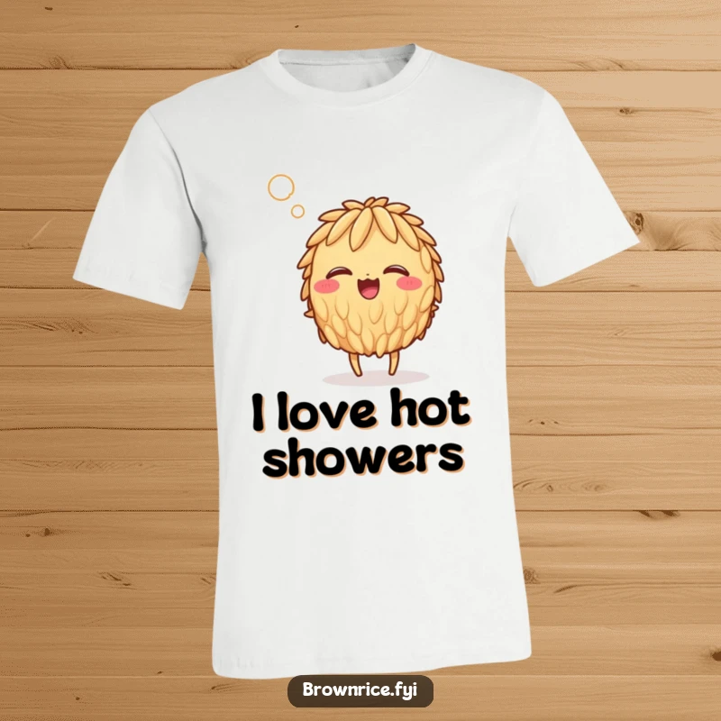 Funny giggling brown rice grain character caught in a humorous, steamy gust, radiating pure comedic delight on a t-shirt.