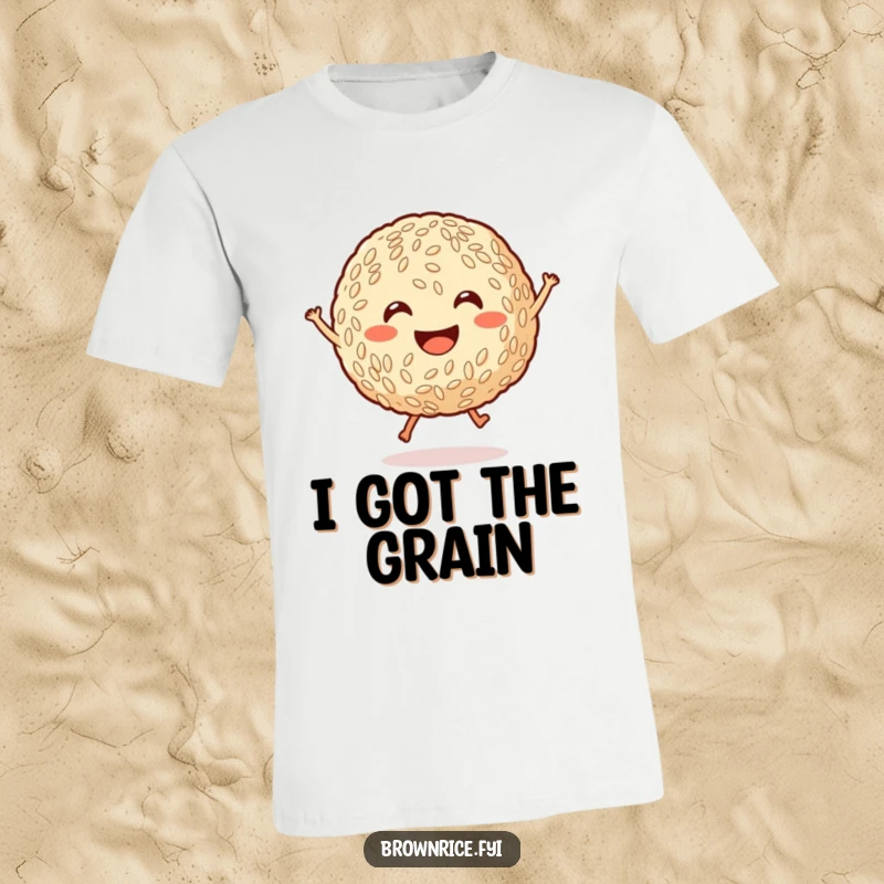 Funny brown rice ball with tiny legs joyfully jumping, a cute and energetic cartoon character printed on a comfortable t-shirt.