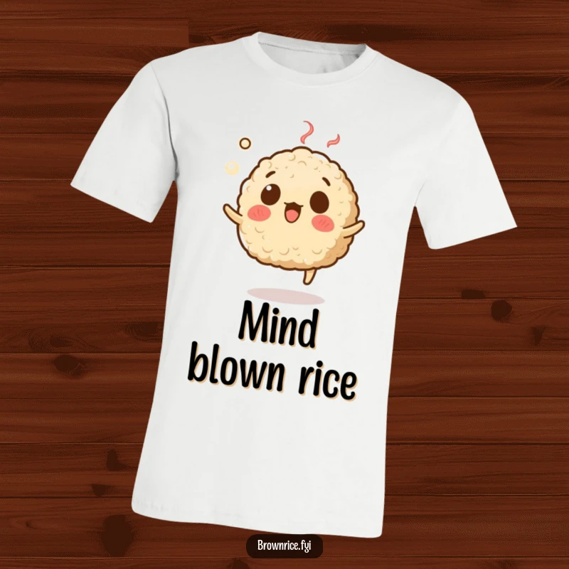 Funny t-shirt showing a brown rice grain character with a surprised expression, levitating with steam, capturing a moment of comical shock.
