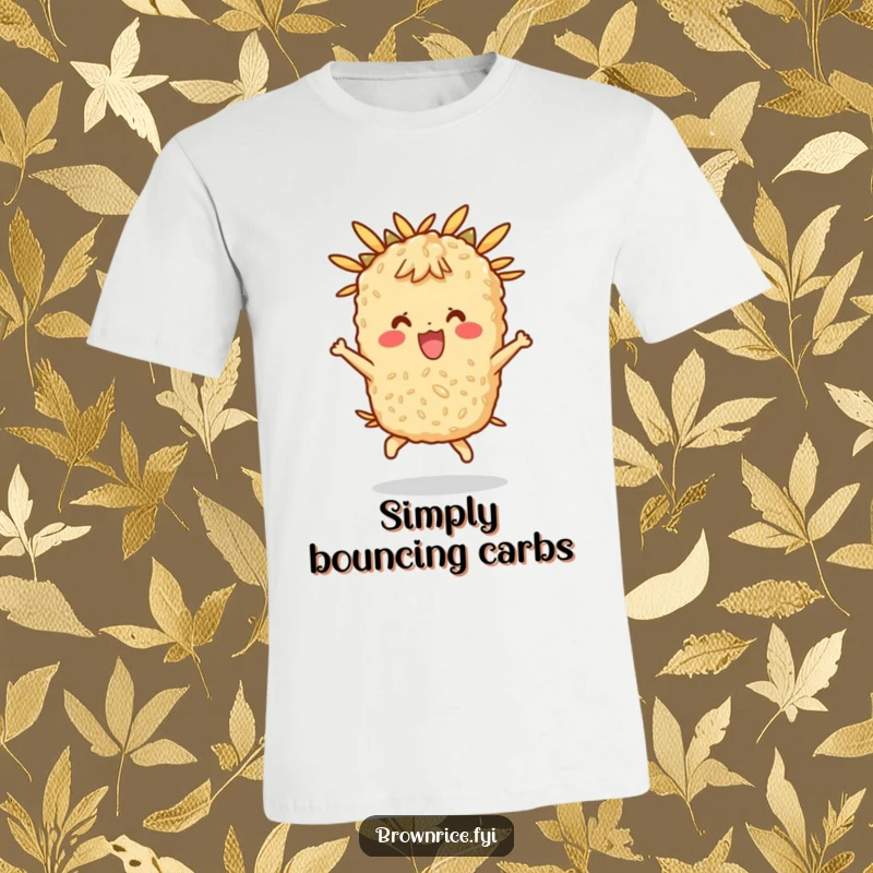 Funny t-shirt depicting a brown rice character happily bouncing, symbolizing energy and positivity.