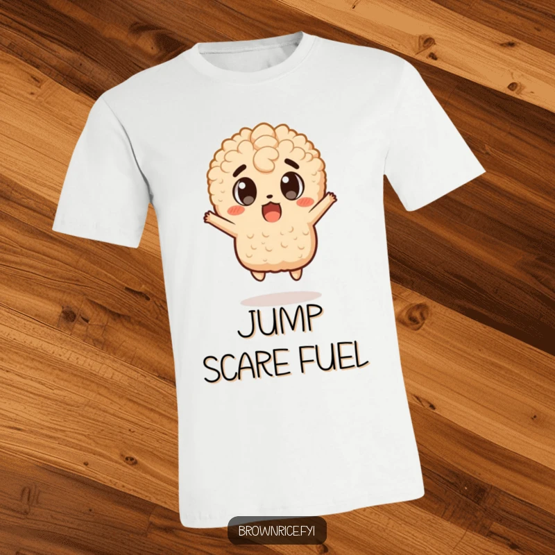 Funny t-shirt showcasing a brown rice character caught in a surprised, wide-eyed jump, ideal for a funny gift.