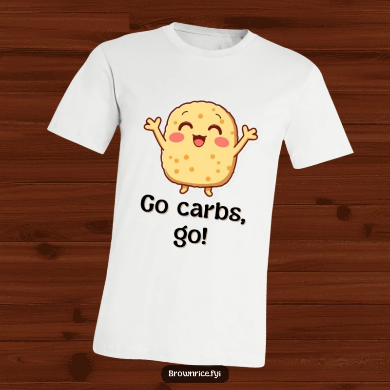 Funny brown rice patty with small arms in a cheering pose, printed on a vibrant graphic t-shirt.