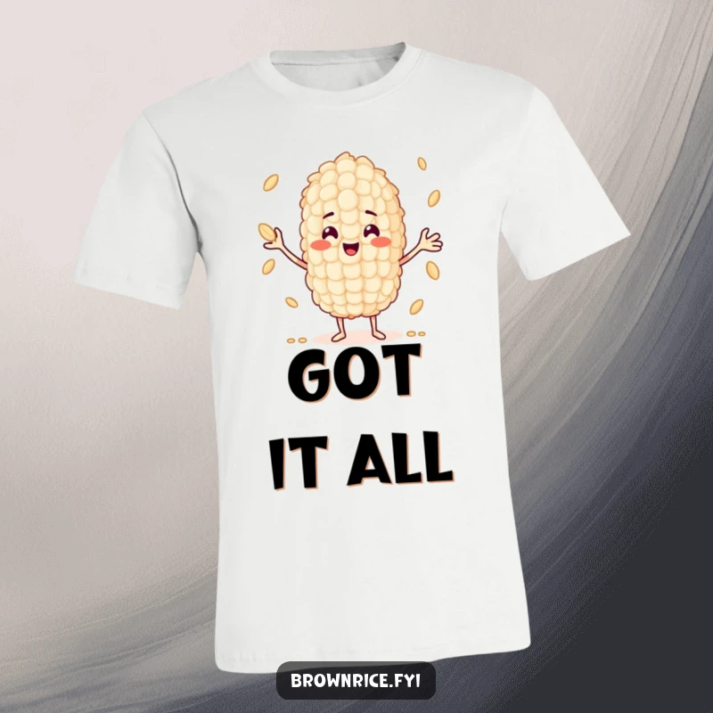 Funny grain of rice character with a smile, expertly juggling several tiny rice grains on a funny t-shirt.