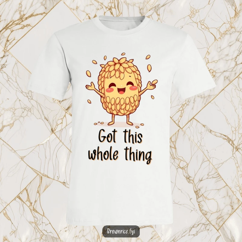Funny t-shirt depicting a happy brown rice grain character in the act of juggling smaller grains with skill.
