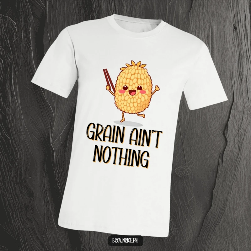 Funny t-shirt of a brown rice grain character joyfully dancing with chopsticks, showcasing a vibrant, energetic, and amusing vibe.