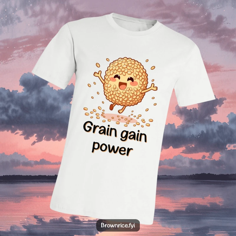 Funny T-Shirt: A brown rice character mid-bounce with joyous abandon, scattering grains, embodying pure excitement.