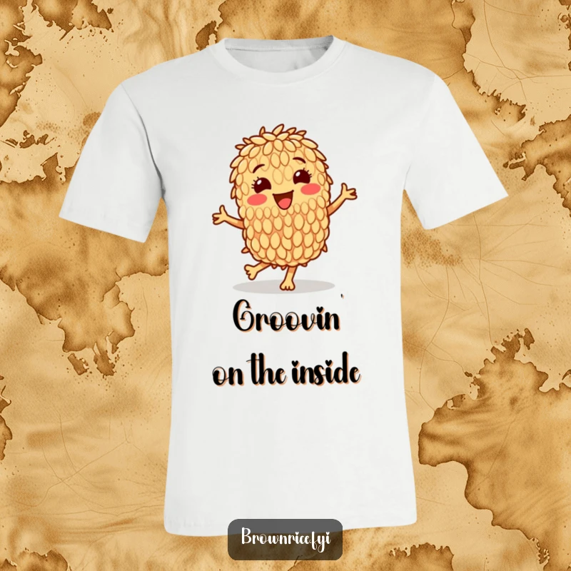 Funny t-shirt showcasing a gleeful brown rice grain character performing an energetic happy dance, radiating pure delight.