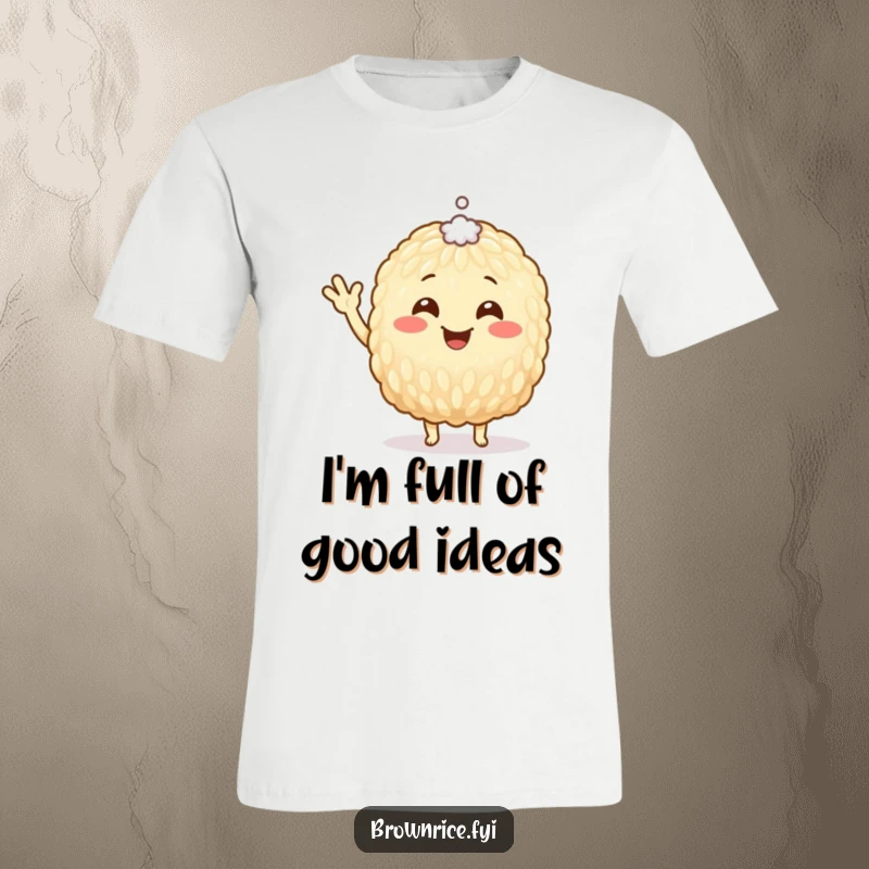 Funny T-Shirt with a happy brown rice grain character enthusiastically waving, a tiny speck of salt on its head, for a comical look.