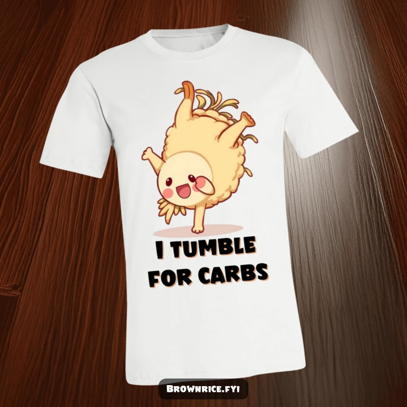 Funny brown rice character t-shirt, mid-somersault with an ecstatic smile, celebrating playful energy, ideal funny gift.