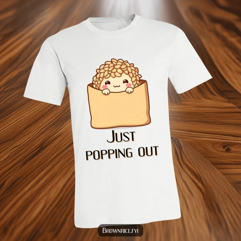 Funny T-Shirt with a shy brown rice character peeking from a brown paper bag, offering a warm smile.