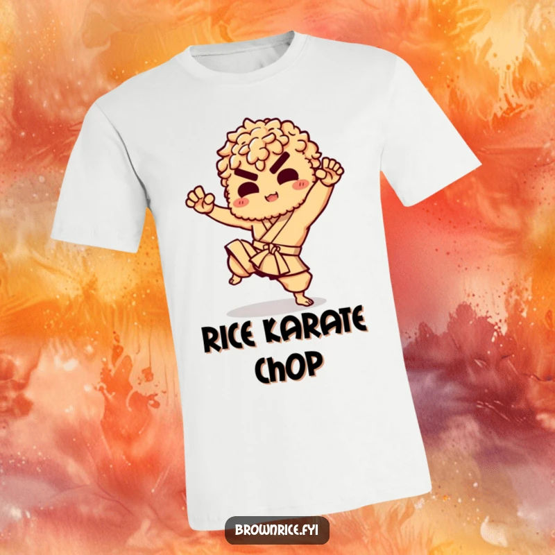 Funny t-shirt depicting a brown rice character executing a dynamic martial arts kick with a playful and determined expression.