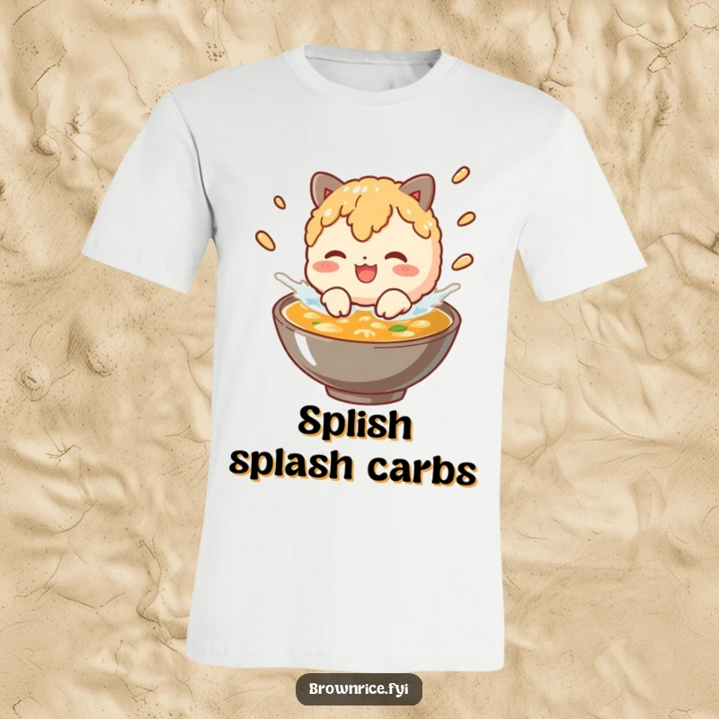 Funny brown rice character gleefully splashing in a bowl of broth, featured on a funny t-shirt.