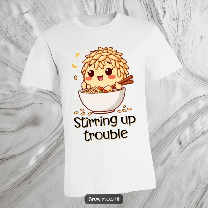Funny t-shirt depicting a brown rice grain character enthusiastically mixing ingredients in a bowl, looking pleased with the culinary creation.