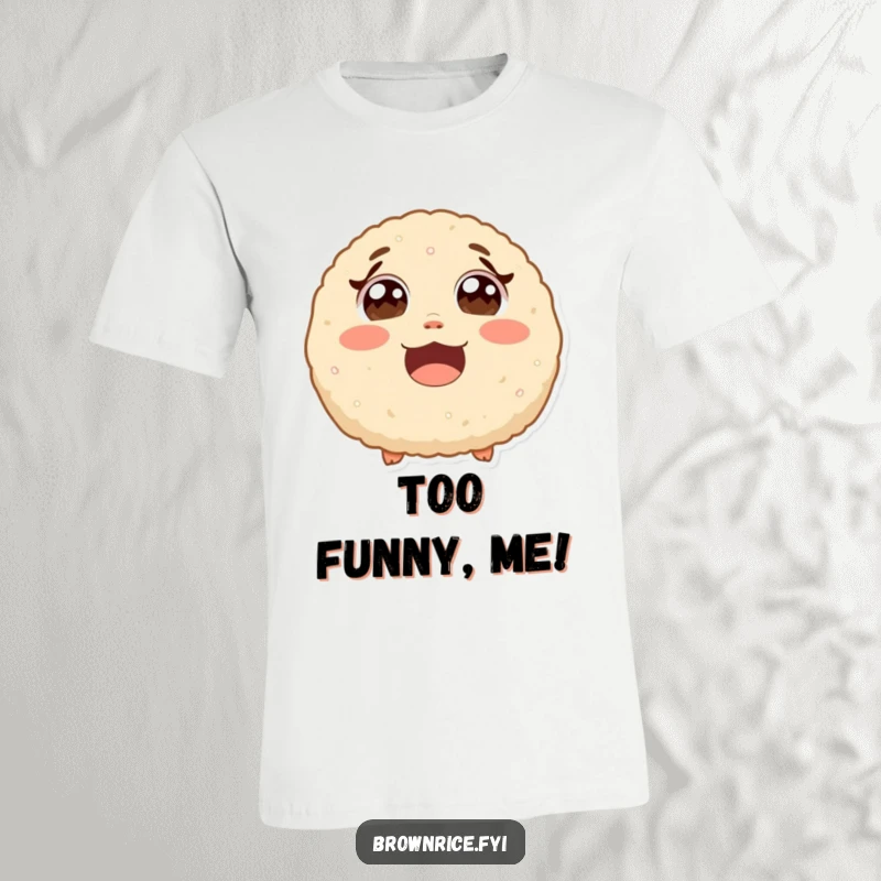 Funny surprised brown rice ball with wide eyes from laughter, a cute cartoon printed on a comfortable t-shirt.