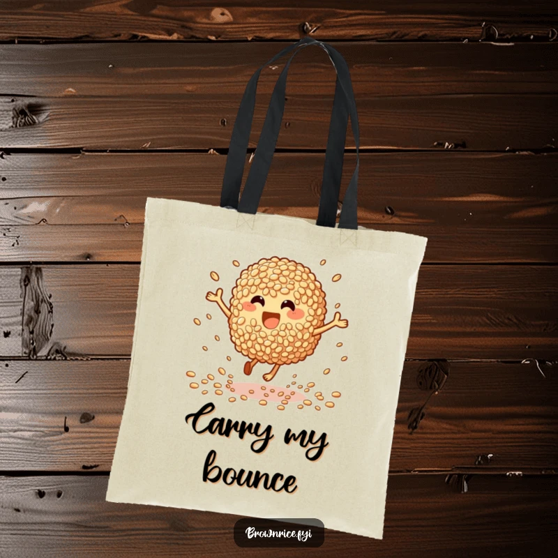 Funny Tote Bag: A brown rice character joyfully bouncing, grains flying, perfect for carrying necessities with flair.