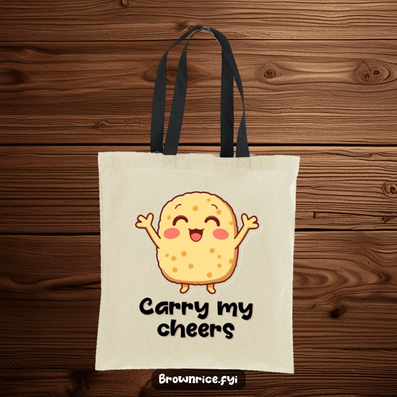 Funny brown rice patty with little arms cheering, printed on a durable and vibrant tote bag.