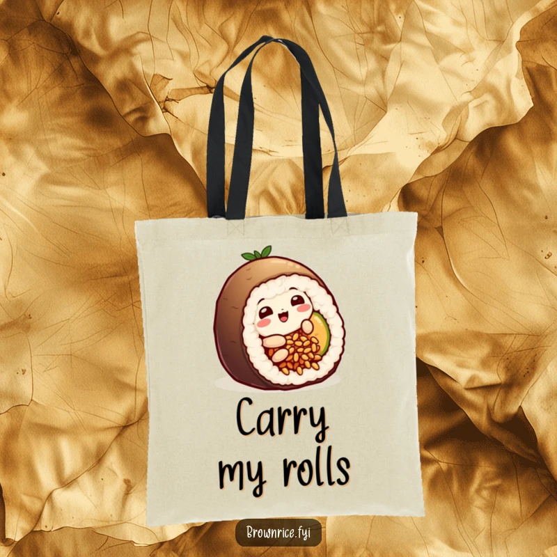 Funny playful brown rice grain character humorously sliding into a sushi roll, featured on a stylish and functional tote bag.