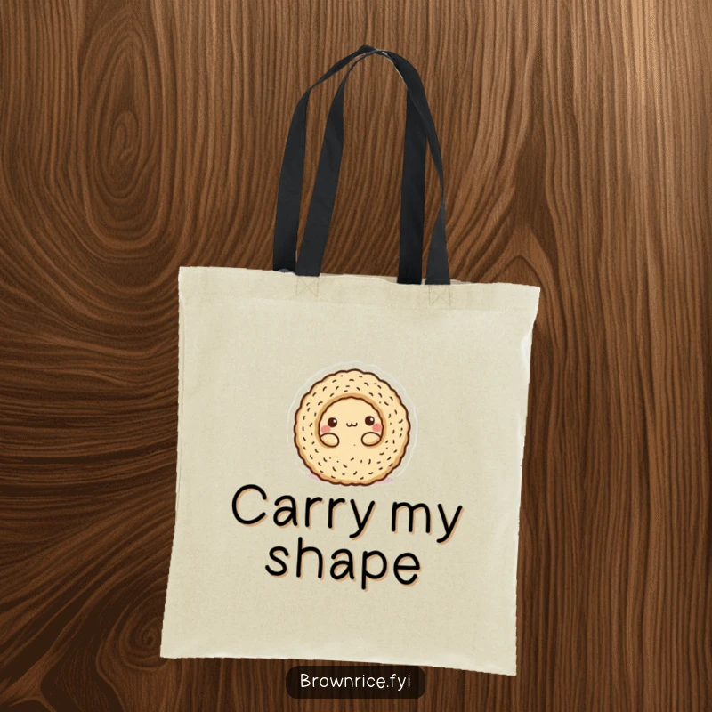 Funny Tote Bag: A brown rice character playfully rolled into a round ball, ready to carry your essentials.