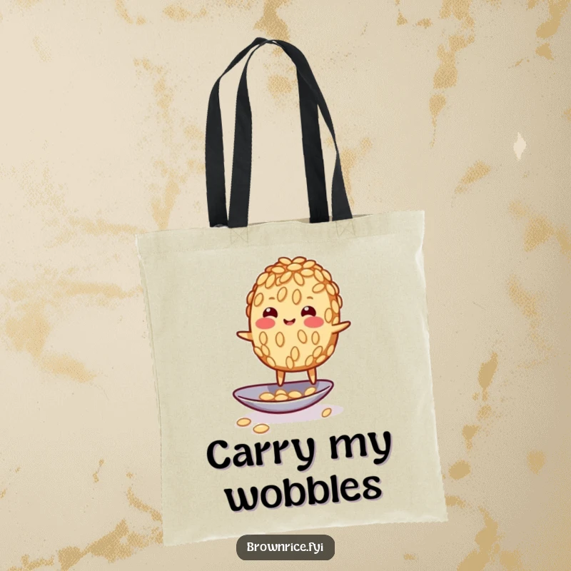 Funny wobbly brown rice grain character humorously balancing on a spoon, featured on a stylish and functional tote bag.