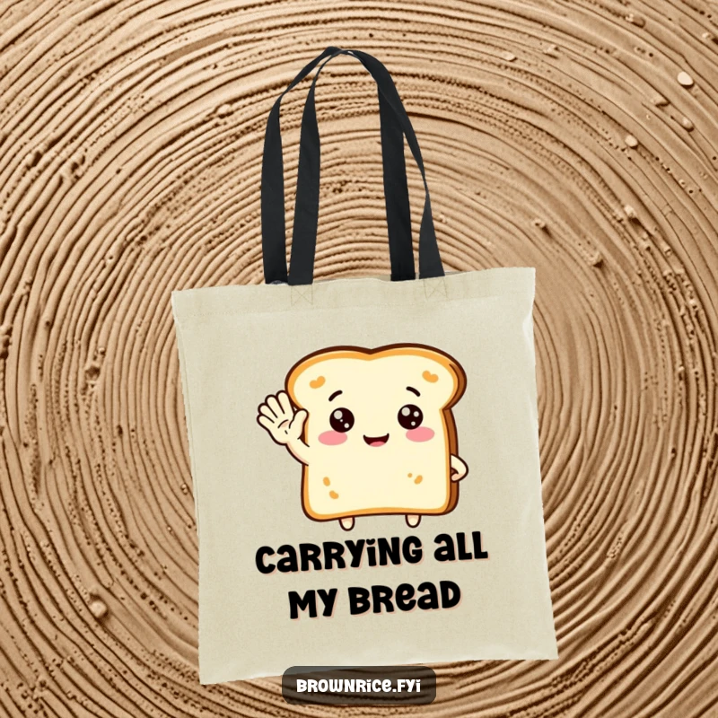 Funny tote bag featuring a cute piece of toast character waving a friendly hello, perfect for carrying essentials with a smile.