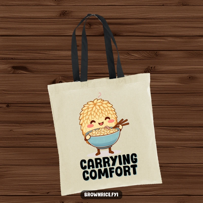Funny tote bag designed with a brown rice grain character offering a steaming bowl, symbolizing care, nourishment, and culinary kindness.