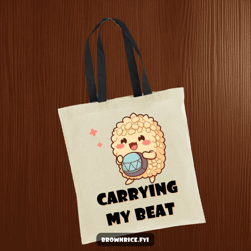 Funny tote bag featuring a bunch of happy brown rice characters enthusiastically playing tiny drums, ideal for carrying music gear.