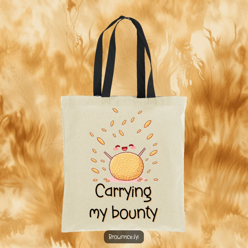 Funny happy brown rice ball tossing brown rice grains in the air, a durable and stylish tote bag with a cute cartoon.