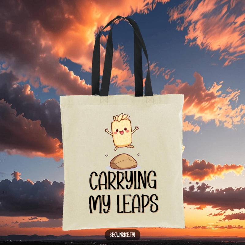 Funny tote bag with a brown rice character joyfully leaping over a pebble, ideal for carrying essentials with a spirited attitude.