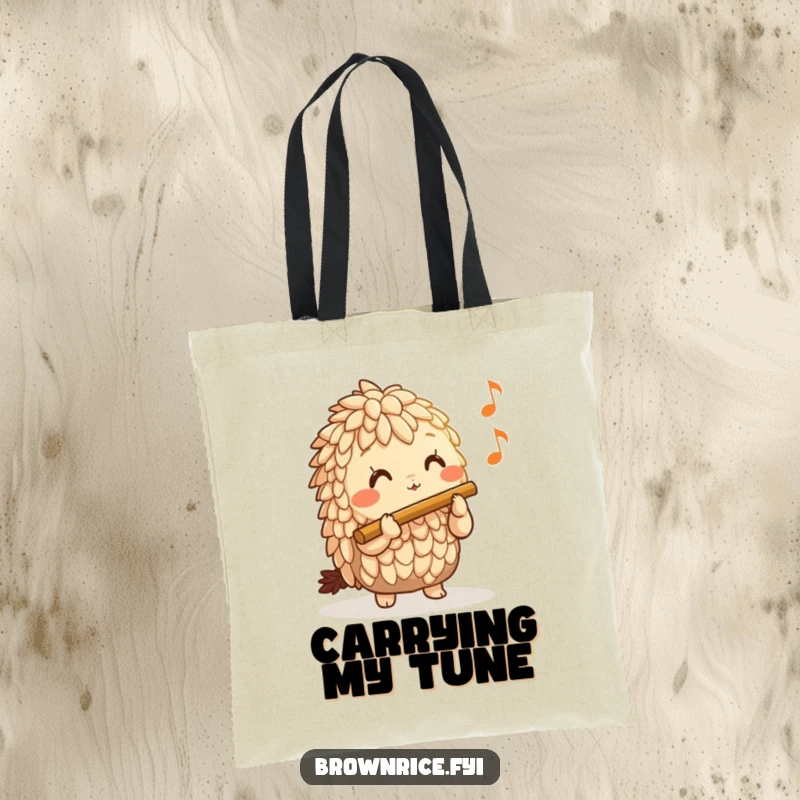Funny Brown Rice Tote Bag featuring a smiling brown rice character playing a tiny flute, perfect for carrying daily essentials.